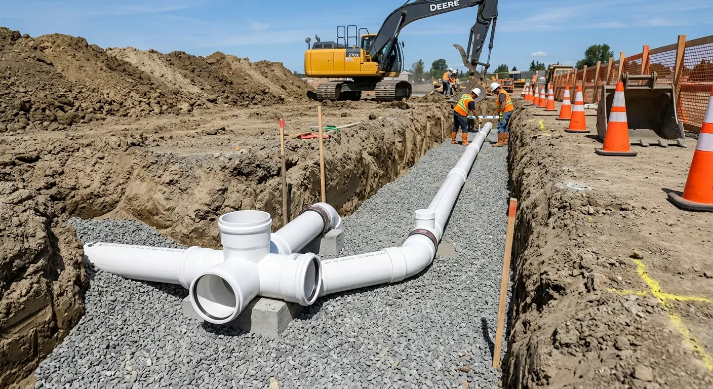 New PVC sewer pipe installation in open trench for Commercial Drain Cleaning in Shippensburg