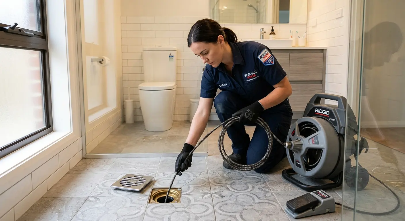 Technician clearing a bathroom floor drain for Clogged Drain Repair in Shippensburg